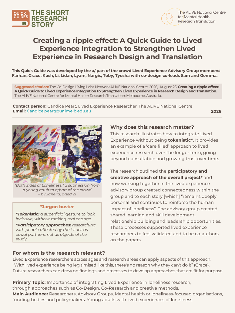 Creating a ripple effect: A Quick Guide to Lived Experience Integration to Strengthen Lived Experience in Research Design and Translation